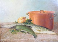 Auktion 341 / Los 4058 <br>F. Eweke "Stilleben mit Fischen", Öl/Platte, gerahmt, RG 33x42 cm
