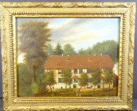 Los 4060 <br>unleserl. unter Rahmen signiert um 1880, Herrenrunde vor Gutshof, Öl/Leinen, craquelliert, gerahmt, RG38x47 cm