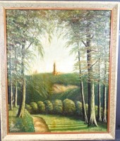 Auktion 341 / Los 4061 <br>K. Skalnik , 1928 "Landschaft mit Turm" Öl/Platte, gerahmt, RG65x56 cm