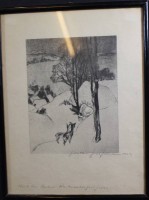 Los 5023 <br>Günther GRASSMANN (1900-1993) sign. Weihnachtsszene, 1927, mit Weiohnachtsgrüssen, orig. Radierung, ger/Glas, RG 24x19 cm
