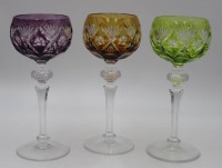 Los 10043 <br>3x Weingläser, WMF, Buntglas, ca. H-20,7cm.