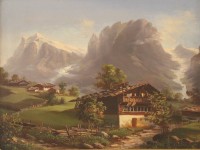 Auktion 342 / Los 4005 <br>unsignierter Berghof vor Gebirge, wohl C. WEILER (1927) , Öl/Malkarton, gerahmt, RG 29 x 34,5cm.