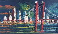 Auktion 342 / Los 4019 <br>anonymes Gemälde, Brücke vor Skyline, Öl/Leinen, gerahmt, 60-er Jahre, RG 50x90 cm