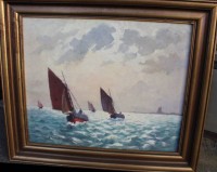Auktion 342 / Los 4022 <br>unleserl. signiert "Segelboote vor Küste", verso frz. betitelt, Öl/Platte, gerahmt, RG  49x57 cm