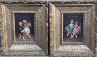 Auktion 342 / Los 4030 <br>2x anonyme kl. Gemälde mit Kindermotiven, Öl/Holz, gleich gerahmt, MG ca. 19x14 cm, RG 37x31 cm