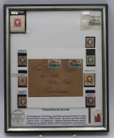 Auktion 343 / Los 6065 <br>div. Marken und Ganzsache, Helgoland, selten!!, gerahmt/Glas, anbei Grafik "Dölles Hotel", ca. RG 32,5 x 26,5cm