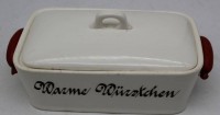 Auktion 342 / Los 9048 <br>kl. Würstchendose um 1920, minim. Gebrauchsspuren, beschriftet, H-10 cm, 20x11 cm