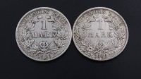 Auktion 342 / Los 6043 <br>2x 1 Mark Deutsches Reich, Silber , zus. 10,9g.