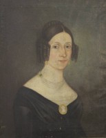 Auktion 342 / Los 4055 <br>unsigniertes Biedermeier-Damen-Portrait, dat. 1847?, Öl/Leinwand, verso wohl Stammbaum, Polen?, alt gerahmt, Rahmen beschädigt, RG 76,5 x 62cm.