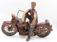 Auktion 345 / Los 15018 <br>Deko-Figur, Motorradfahrer, ca. H-34cm B-49cm, farbig gefasst