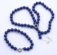 Los 1023 <br>Lapislazuli Set, Kette, Armband und Ohrringe,silberfarbene Monturen, L. 47,5cm
