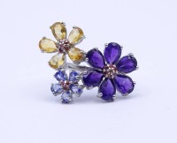 Los 1025 <br>Blumenring mit Citrinen, Amethysten, Tansanite, Sterlingsilber 925/000, 6,3g., RG 60