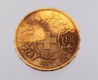 Auktion 343 / Los 6029 <br>Goldmünzen 20 Franken, Schweiz 1897, sogn. Vreneli, ca. D-2,1cm.