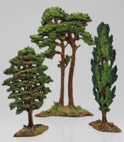 Auktion 343 / Los 12000 <br>3x Elastolin-Bäume, älter, teilw. beschädigt, ca. H-17,5cm.