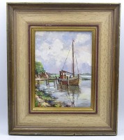 Los 4012 <br>"Boot am Steg", Monogrammiert HR?, gerahmt, &Ouml;l/Malfaser, RG 26,5x31cm