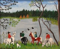 Los 4018 <br>Lucie FRASSA (1921), naive Landschaft mit Personen, &Ouml;l/Hartfaser, gerahmt, RG 27,5 x 28,5cm.