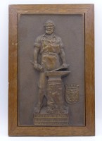 Auktion 343 / Los 15048 <br>Plakette auf Holz m"Peter Hahn", der biedere Schmied von Solingen, 17,5x26,5cm