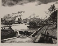 Los 5025 <br>Jacques Armand ROULLET (1903-1995), Hafenansicht, Xylographie, franz. betitelt, gerahmt/Glas, RG 36,5 x 45cm.