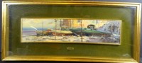 Auktion 343 / Los 4047 <br>M. Sansone "Boote am Ufer" Öl/Malfaser, gut ger/Glas, RG 23x53 cm