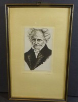 Auktion 345 / Los 5004 <br>Otto GERHARDS (1895-?), Prtrait Schopenhauer, Radierung?, ger/Glas, RG 25x16 cm