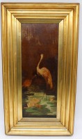 Auktion 343 / Los 4049 <br>anonym "Storchenpaar", wohl 19.Jhd., alt gerahmt, Öl/Leinen, RG 60x34 cm, Altersspuren
