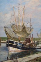 Auktion 343 / Los 4054 <br>Ernst TROCH (1925-1996) "Dorumer Fischkutter im  Hafen", Öl/Leinen, gut gerahmt, RG 36x30 cm