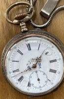 Auktion 332 / Los 2108 <br>Schweizer Taschenuhr in Silbergehäuse-800-, Werk läuft, Zifferblatt beschädigt
