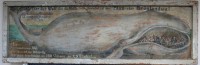 Auktion 371<br>gr. Gem&auml;lde wohl um 1900/20, Darstellung eines Wals, beschriftet "Das gr&ouml;&szlig;te Tier der Welt das die Meere bewohnt....", Holzrahmen, restaurierungsbed&uuml;rftig, RG 82 x 253cm.   Nur Speditionsversand!