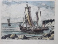 Los 5037 <br>unleserl.signiert, Boote am Strand, Farbradierung, ger./Glas, RG 24 x 29cm.