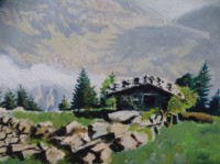 Auktion 344 / Los 4001 <br>Siefer, N.Y. "Berghütte vor Alpenmassiv" Öl/Platte, gerahmt, RG 65x85 cm