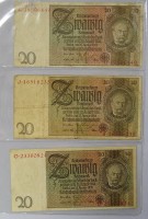 Auktion 344 / Los 6010 <br>3x Zwanzig Reichsmark 1929, Reichsbanknoten