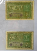 Auktion 344 / Los 6012 <br>2x Fünfzig Mark 1919, Reichsbanknoten, Reihe 1