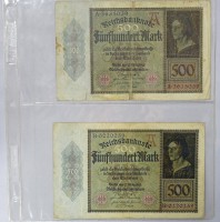 Auktion 344 / Los 6019 <br>2x fünfhundert Mark 1922, Reichsbanknoten