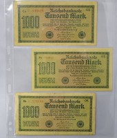 Auktion 344 / Los 6021 <br>3x tausend Mark 1922, Reichsbanknoten