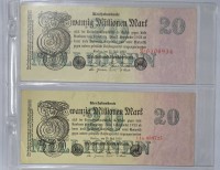 Auktion 344 / Los 6026 <br>2x Zwanzig Millionen Mark 1923, Reichsbanknoten
