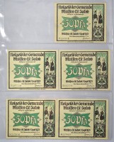 Auktion 344 / Los 6036 <br>5x 50 Pfennig 1921 ,Notgelscheine , Mülsen-St. Jakob