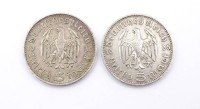 Auktion 344 / Los 6044 <br>2x 5 Reichsmark 1936, Paul von Hindenburg, zus.27,8g.