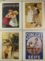 4x Reprints von Werbeplakaten, je ca. 14,5 x 19cm, 4 in einem Rahmen