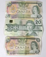 Auktion 344 / Los 6047 <br>3x 20 Dollar, Canada, 1979 und 1991