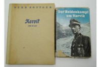 Auktion 344 / Los 7022 <br>2 Bücher zu Narvik, 2. WK, "Der Heldenkampf um Narvik", "Narvik im Bild", 1940 und 1941, 1 x mit Schutzumschlag, dieser beschädigt, und Widmung, beide mit Altersspuren