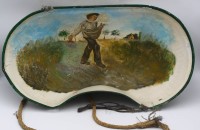 Auktion 366<br>Nierenf&ouml;rmige Saatschale, Blech bemalt mit s&auml;enden Landmann, 65x30 cm, H-18 cm, an Schnur