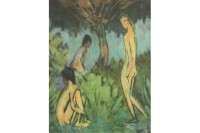 Auktion 500017 / Los  <br>Druck nach Otto MUELLER (1874-1930), 3 Grazien im Wald, ungerahmt in Passepartout, BG 24 x 18,5cmm Passepartout 40 x 30cm.