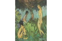 Los  <br>Druck nach Otto MUELLER (1874-1930), 3 Grazien im Wald, ungerahmt in Passepartout, BG 24 x 18,5cmm Passepartout 40 x 30cm.