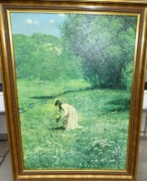Auktion 500017 / Los  <br>gr. Kunstdruck auf Leinen, Mädchen auf Blumenwiese, gerahmt, RG 78x58 cm