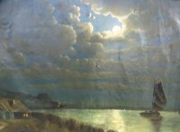 Auktion 344 / Los 4022 <br>anonymes grosses Gemälde "Mondnacht am Ufer", Öl/Leinen hinterlegte Stellewn, müsste neu gespannt werden, gerahmt, RG 105x138 cm, Sperrgut!