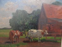 Auktion 344 / Los 4026 <br>Friedrich KALLMORGEN (1856-1924) "norddt. Bauernhof mit Kühen", Öl/Leinen, 40x50 cm, gerahmt, RG 50x60 cm, Namenschild auf Rahmen