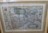 Auktion 344 / Los 5011 <br>colorierte Landkarte um 1700, England, Schottland und die Hybriden, gut gerahmt, beidseitig verglast, Buchseite, RG 58x73 cm