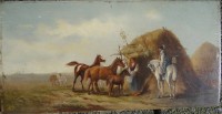 Auktion 344 / Los 4048 <br>W.J. Monogramm "Pferde in der Puszta", Öl/Holz, verso Etikett und unleserl. ovaler Stempel??, 13x26 cm