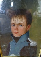 Auktion 344 / Los 4049 <br>Portrait eines jungen Soldaten, 1809, Mischtechnik, verso Etikette "Christian Merkle-Schiegg" Ermatingen geb 1786, gemalt 1809