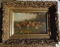 Auktion 361<br>A.Volkert "Schafherde" Öl/Holz, 18x28 cm, alt und beschädigt gerahmt, RG 40x50 cm